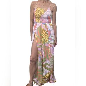 Maaji Tropical Print Lace-Up Back Jumpsuit Maxi Dress Cover-Up Sz S